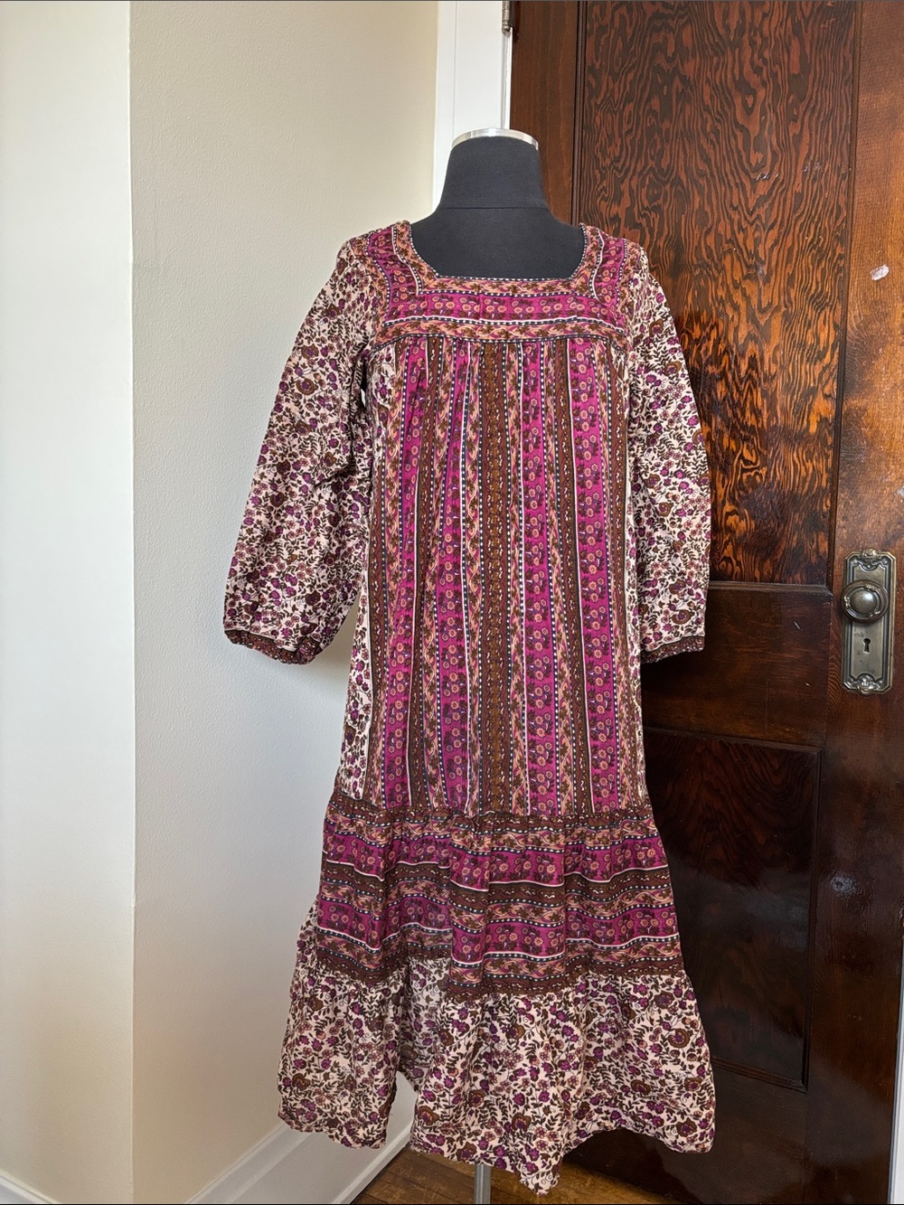 1970s Vintage Bohemian Floral Pink and Brown Midi Dress Kaiser 100% Cotton Flowy - Picture 2 of 11